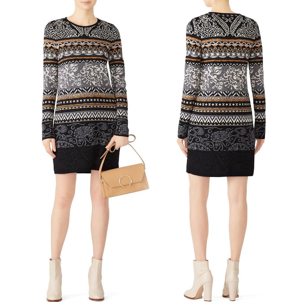 FUZZI Nordique Print Sweater Knit Mini Sheath Dress M Wool Long Sleeves M JPG